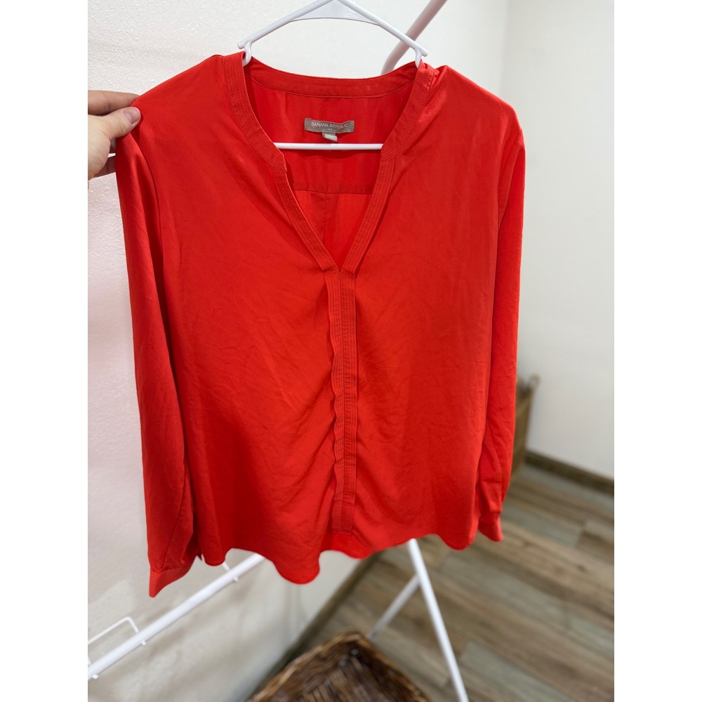 Banana Republic Red Split Neck Long Sleeve Blouse Top Size L Work Office